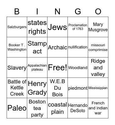 Georgia studies Bingo Card