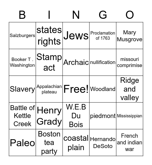 Georgia studies Bingo Card