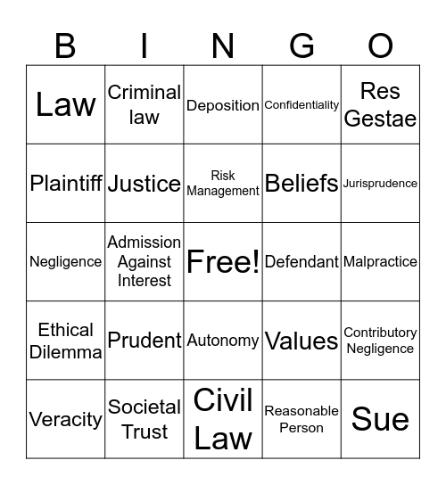 Introduction to Ethics Bingo Card