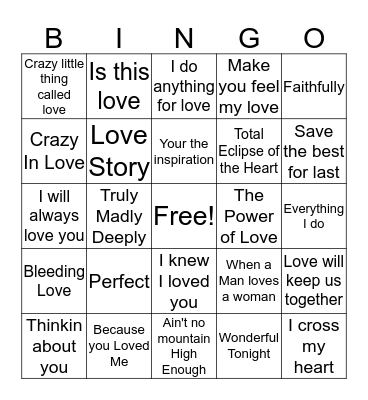 Love Songs Bingo Card