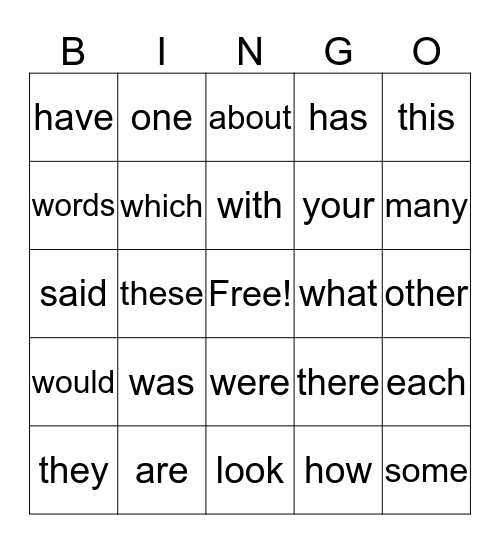 Fry First 100 Words 1-70 Bingo Card