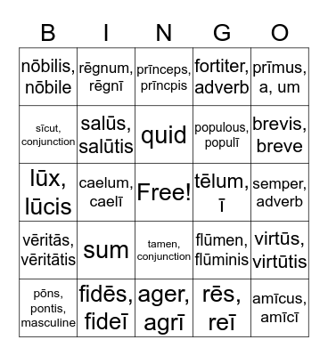 LATIN VOCABULARY Bingo Card