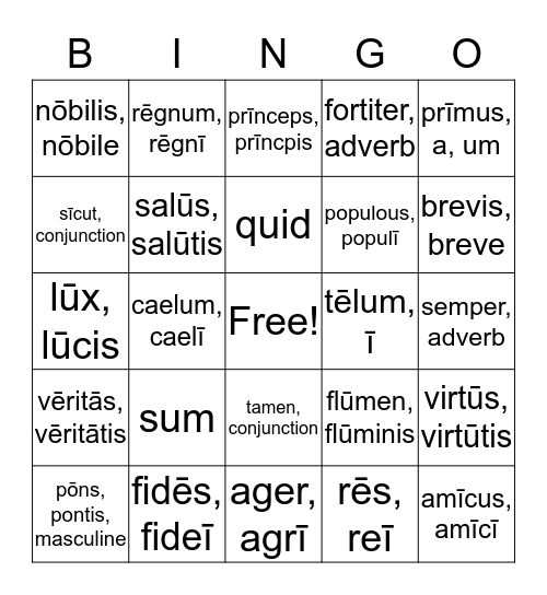 LATIN VOCABULARY Bingo Card