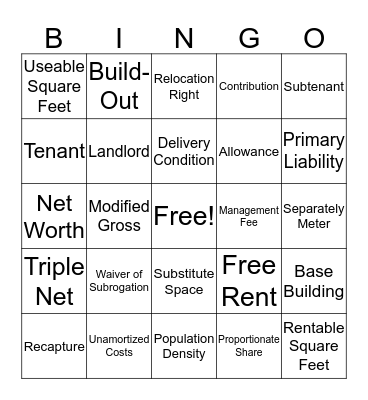 Lease Training Bingo Card