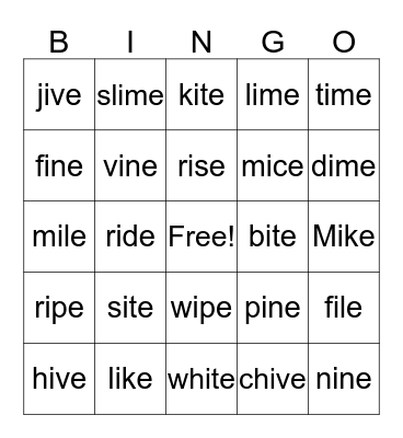 Long I  Bingo Card