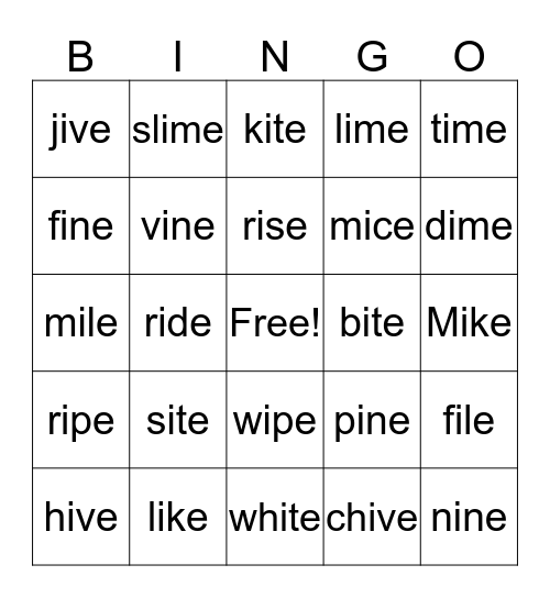 Long I  Bingo Card