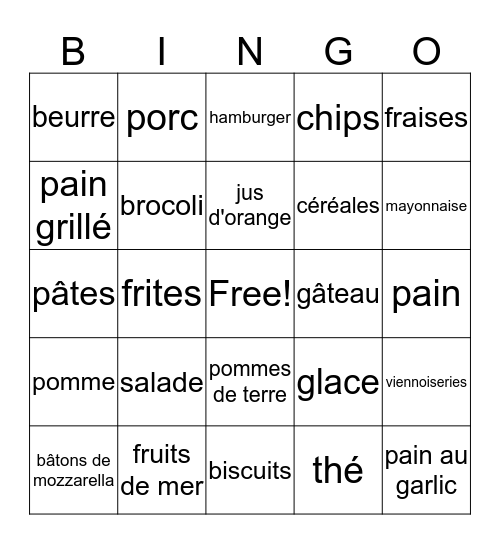 Lotto: Nourriture Bingo Card