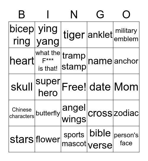 Tattoo Bingo Card