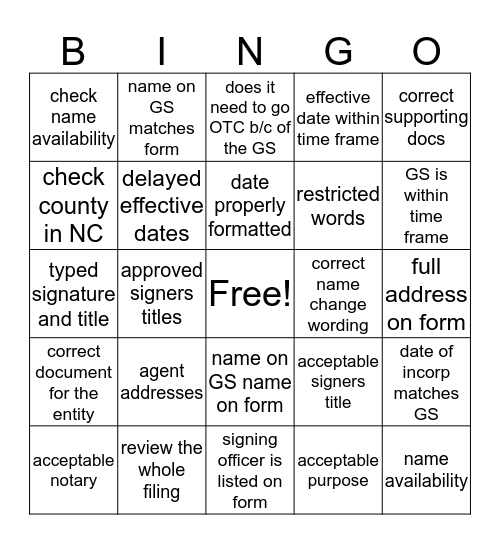 Filing Bingo Card