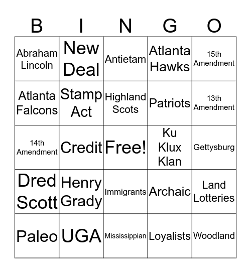 Georgia Bingo Card