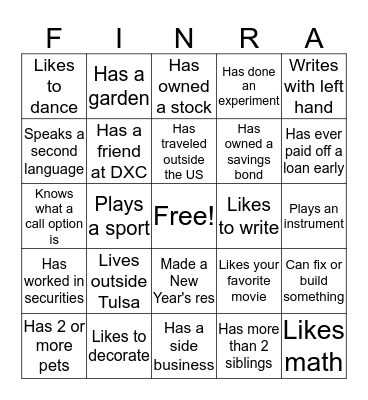 FINRA Icebreaker Bingo Card