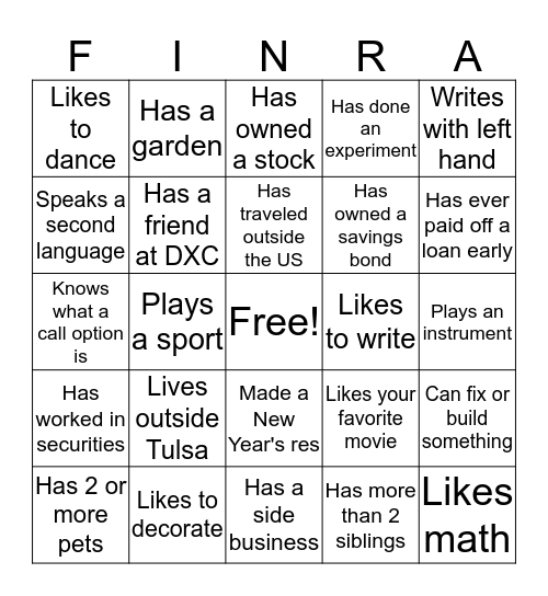 FINRA Icebreaker Bingo Card