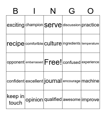 Vocabulary Bingo Card