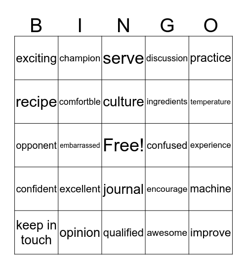 Vocabulary Bingo Card