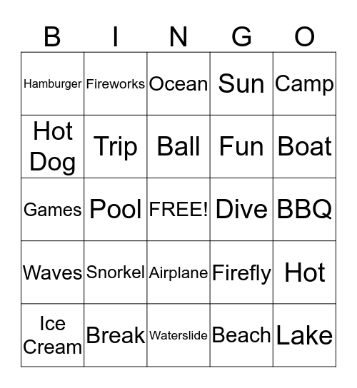 Summer Vacation Bingo Card