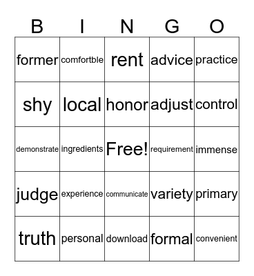 Vocabulary Bingo Card