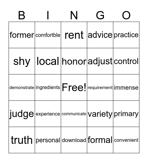 Vocabulary Bingo Card