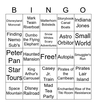 Disneyland Bingo Card