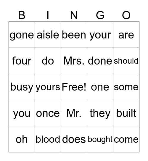 SIS Learned Words Bingo Card