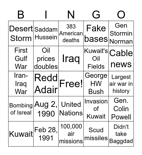 Operation Desert Storm Bingo Card