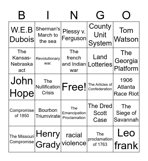 Georgia Bingo Card