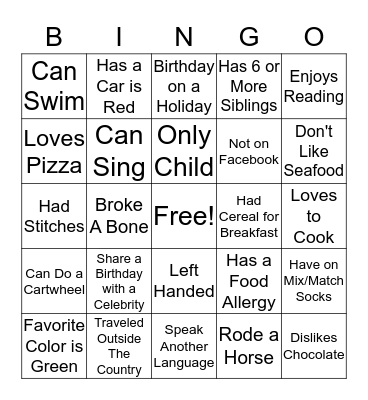 Getting To Know You Bingo Card