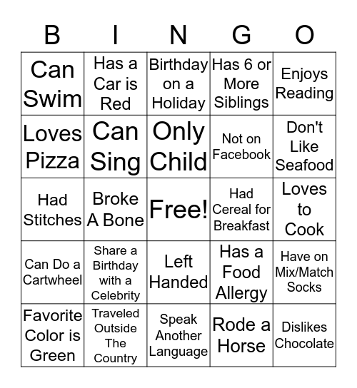 Getting To Know You Bingo Card