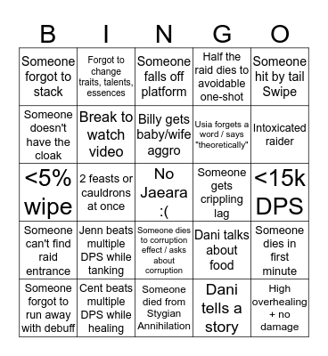 SEG & Friends raiding Bingo Card
