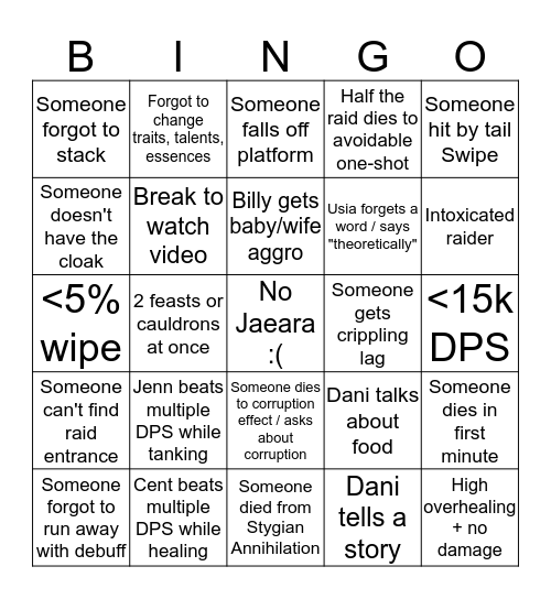 SEG & Friends raiding Bingo Card