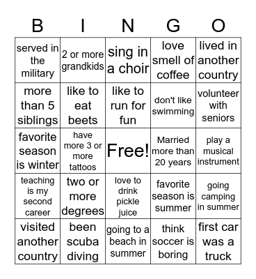 FUN FACTS BINGO Card