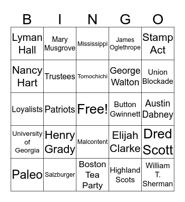 Georgia Bingo Card