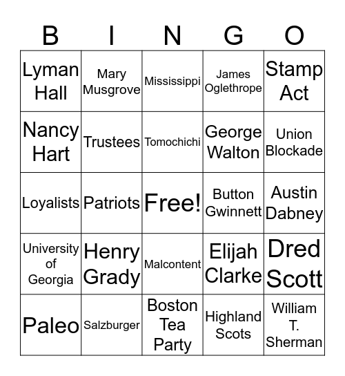 Georgia Bingo Card