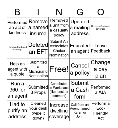 FOREMOST BINGO Card