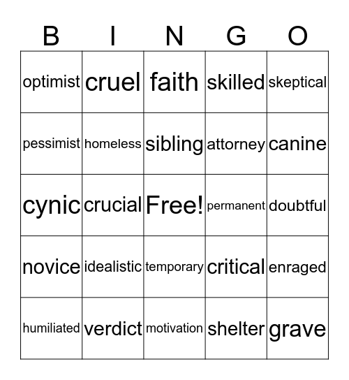 New Word Bingo Card