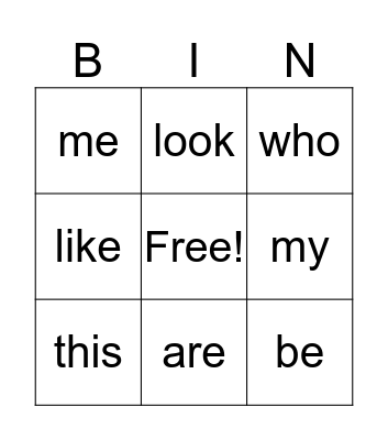 Sight Words Bingo Card