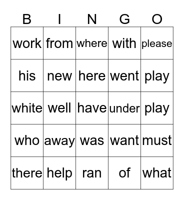 second grade Bingo Card