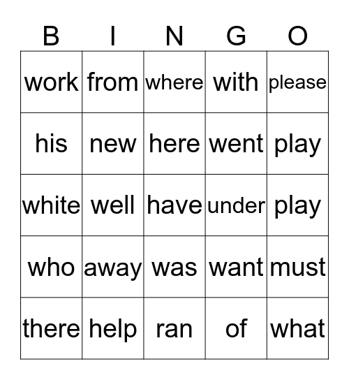 second grade Bingo Card