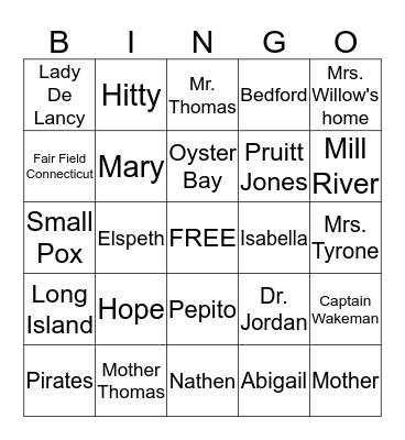 Hopes Crossing Bingo Card