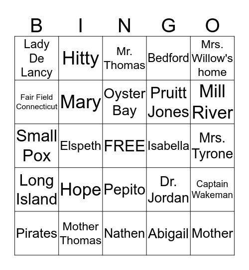 Hopes Crossing Bingo Card