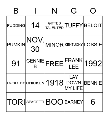 DOUGLAS/MINOR REUNION Bingo Card