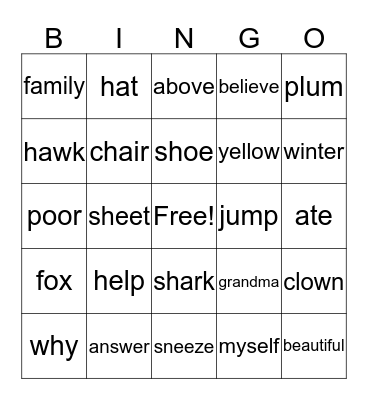 Grades 1 and 2 BINGO Card