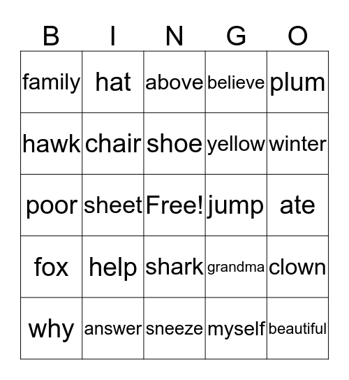 Grades 1 and 2 BINGO Card