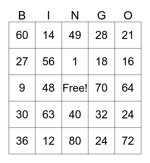 Multiplication Bingo Card