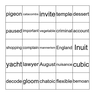 Spelling Bee Bingo Card
