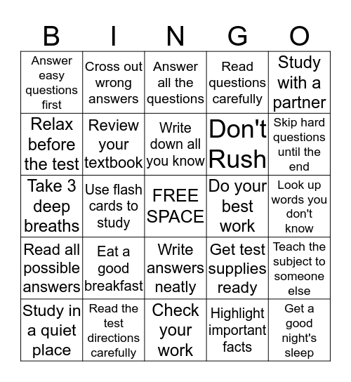 Study Skills and Test-Taking Tips Bingo Card
