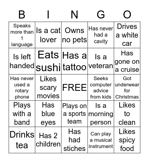 Getting to know you BINGO Card