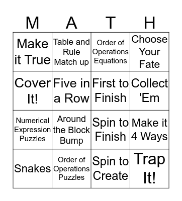 Algebra & Coordinate Grids Bingo Card