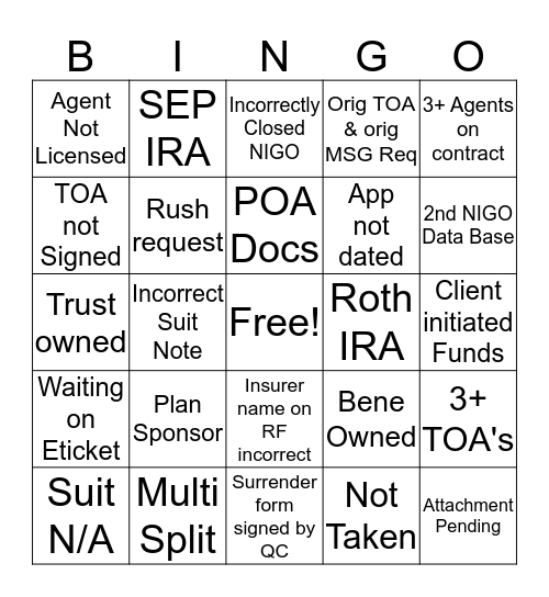 Transfer Team BINGO Card