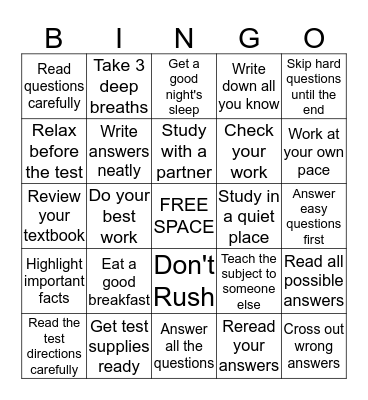Study Skills and Test-Taking Tips Bingo Card