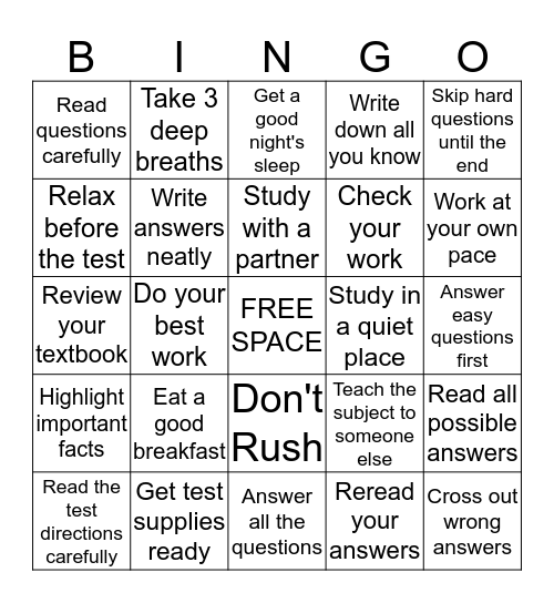 Study Skills and Test-Taking Tips Bingo Card